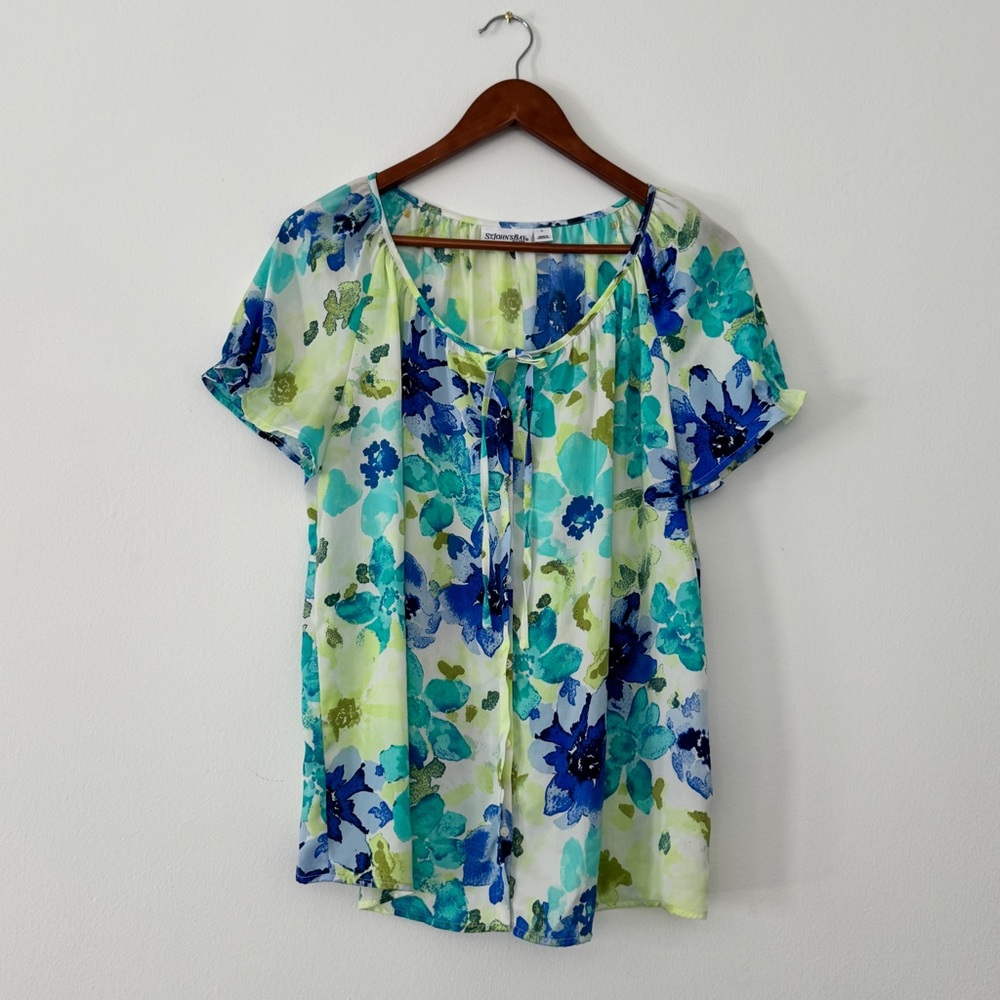 St. John's Bay Floral Button Up Blouse Short Sleeve Blue Green Watercolor L